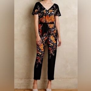 Anthropologie Jumpsuit in Black and Orange Floral